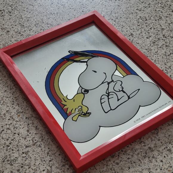 VTG Snoopy Woodstock Kissing Rainbow Cloud Mirror Red Framed Peanuts 1958 1965 - Picture 13 of 15